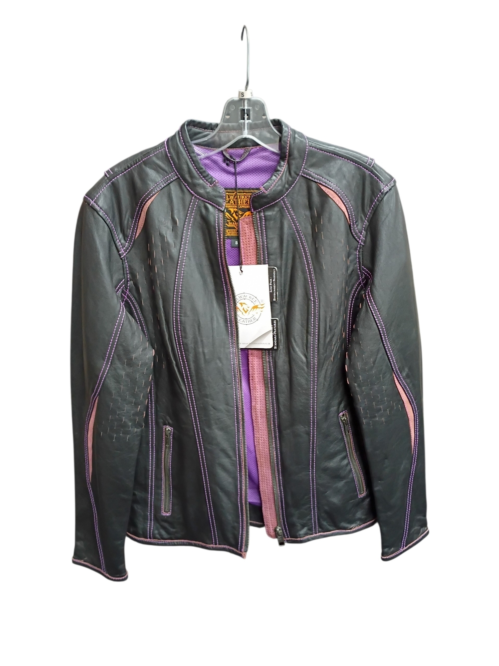 Womens Black Leather Jacket with Purple Contrast Trim